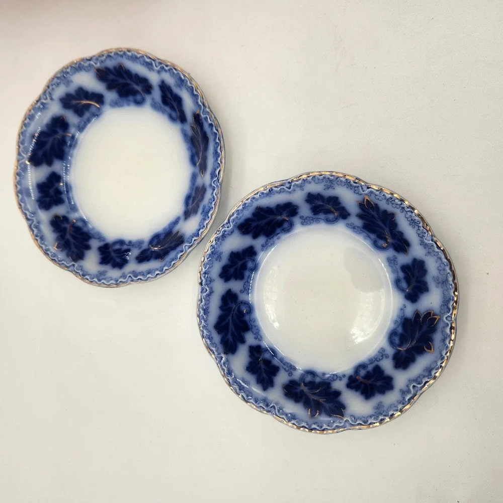 Johnson Bros Normandy Flow Blue Leaf 2 Saucers/1 Plate England Vintage Gold Trim